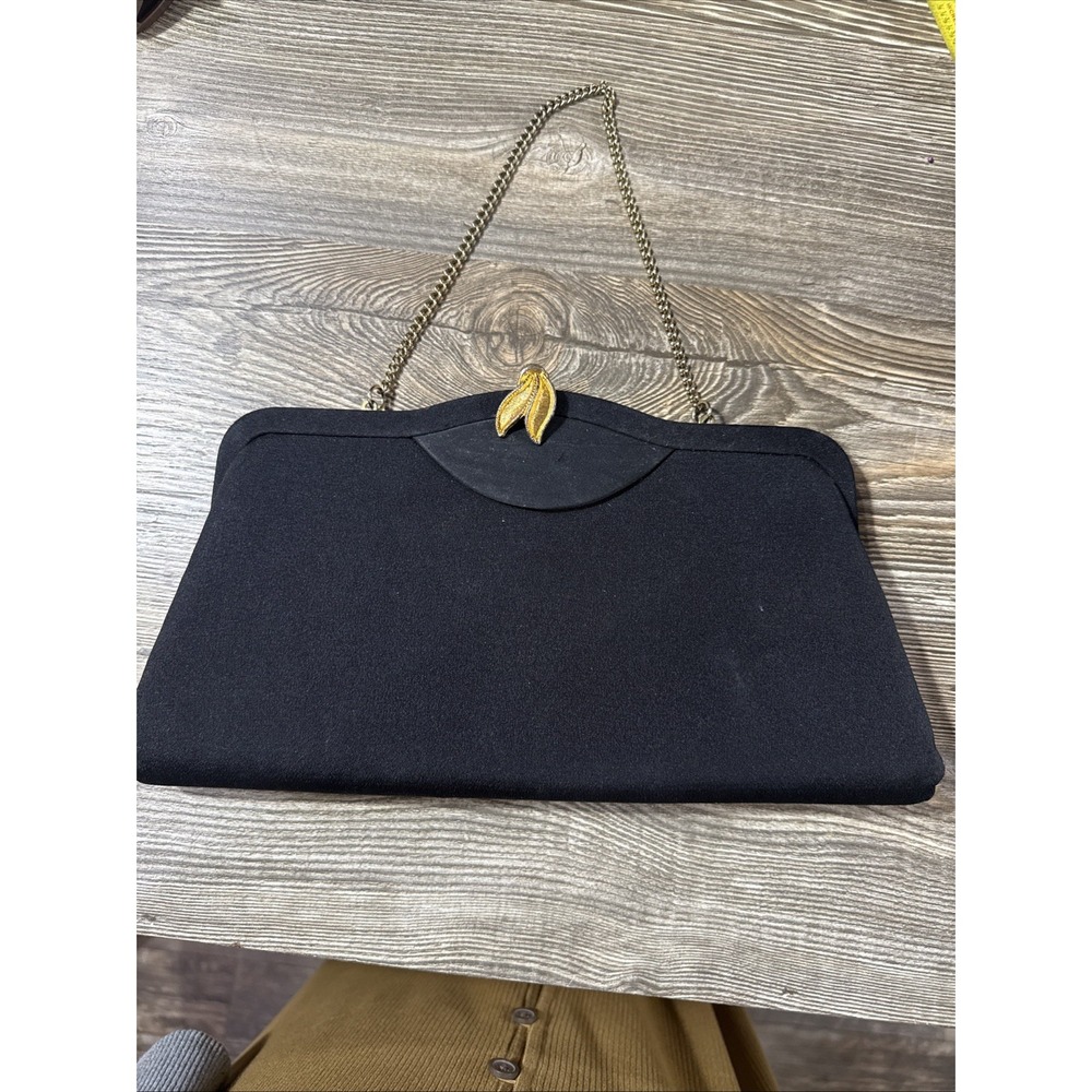 Vintage Black Clutch Purse Gold Clasp Closure 11x5in Hollywood Regency‎